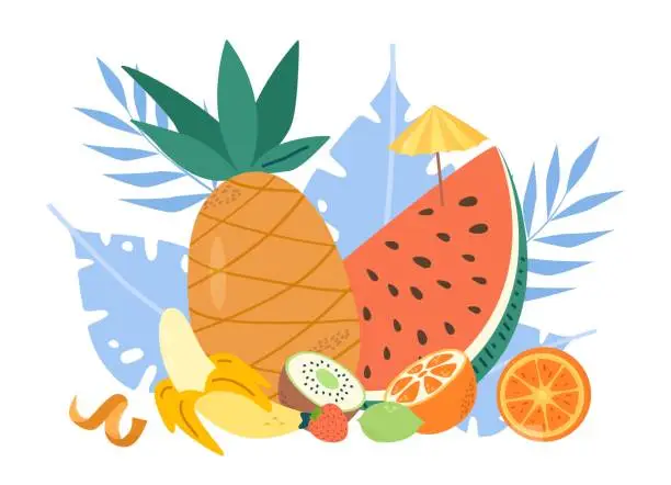 Vector illustration of Tropical fruits composition. Summer juicy fruit concept, cartoon pineapple and watermelon, citrus and banana. Exotic fresh food vector elements