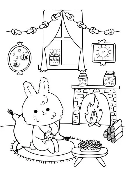 Vector illustration of Coloring page of a kawaii rabbit sitting by the fireplace with a cup of cocoa.Antistress coloring book for adults and children