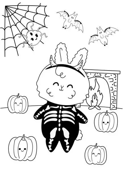 Vector illustration of Coloring page of kawaii bunny in costume celebrates halloween with holiday elements pumpkins and bats. Antistress coloring book for adults and children