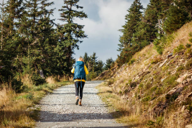 istock Woman with backpack hiking in mountains 1519071510