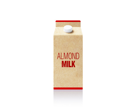 Almond milk symbol printed milk package which is made of recycled paper on white background.