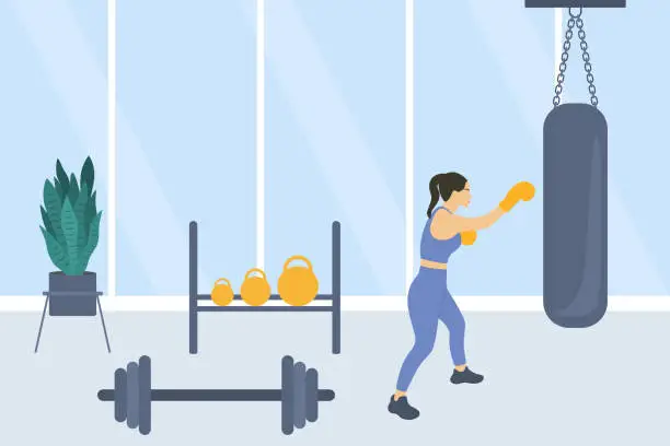 Vector illustration of Boxing Gym With Punching Bag, Kettlebells And Barbell. Female Boxer Training With Punching Bag