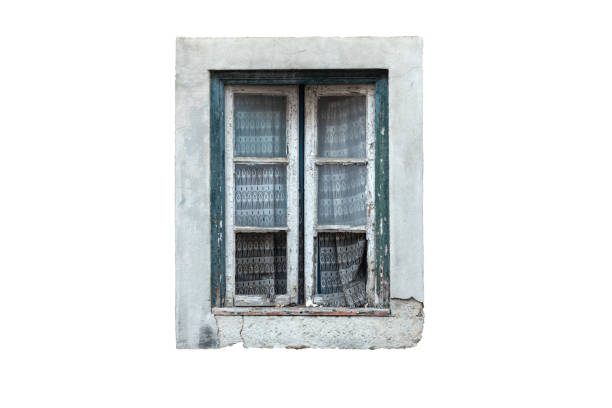 traditional weather damaged window with broken glass , europe, isolated, white background