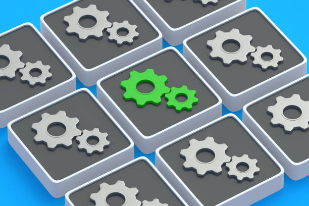 Testing of innovative technologies. Environmentally friendly production concept. Best quality product. Good repair. Correct research. Unique technology. Green cogwheel on button. 3d render