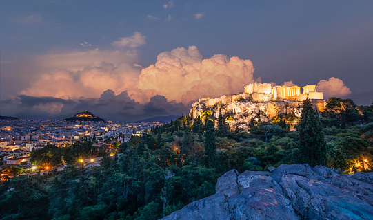 View of the Acropolis from the Plaka, Athens, Greece