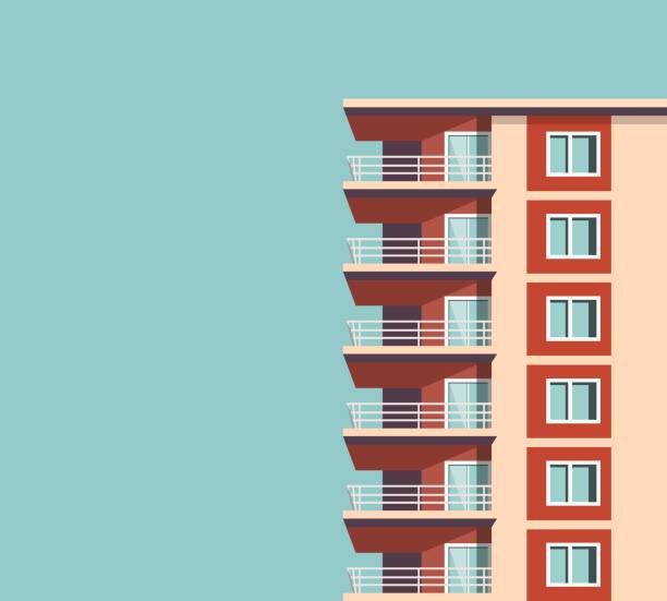 stockillustraties, clipart, cartoons en iconen met vector illustration of modern multicolored multistory high-rise residential apartment building house. front view with windows balconies with roof on sunny day. real estate rental concept - appartement