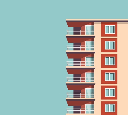 Vector illustration of modern multicolored multistory high-rise residential apartment building house. Front view with windows balconies with roof on sunny day. Real estate rental