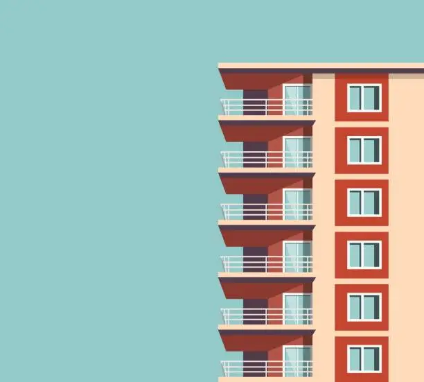 Vector illustration of Vector illustration of modern multicolored multistory high-rise residential apartment building house. Front view with windows balconies with roof on sunny day. Real estate rental concept