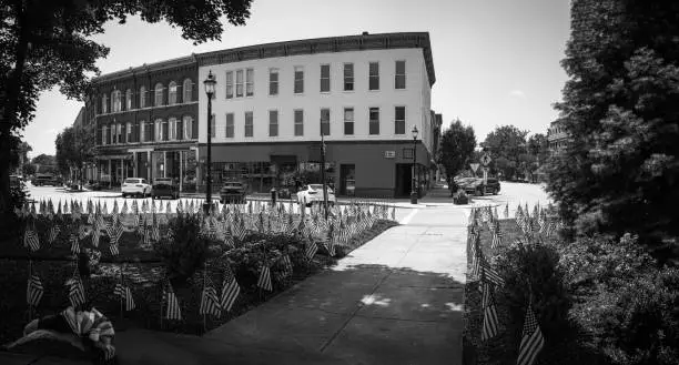 Photo of American flags on the street park in a small town in Massachusetts