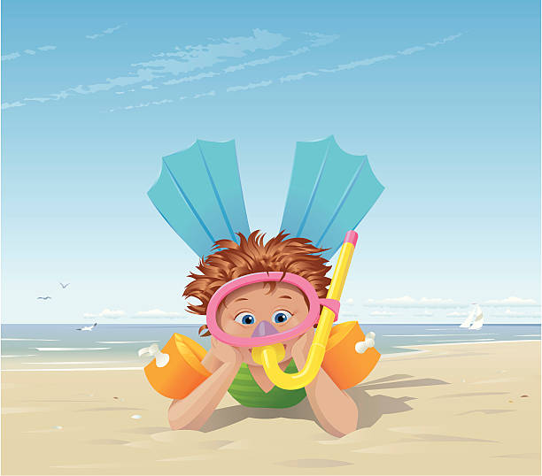 illustrations, cliparts, dessins animés et icônes de petite fille à la plage avec des palmes et l'équipement de plongée avec masque et tuba - child nautical vessel summer swimming goggles