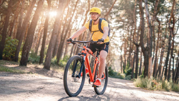 istock Man riding bicycle in sunny forest 1519162797