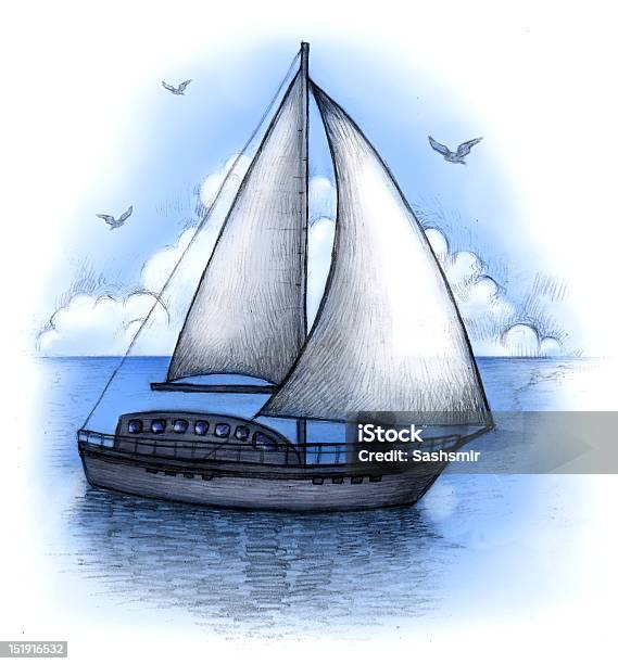 Ilustração De Barco À Vela - Arte vetorial de stock e mais imagens de Arte - Arte, Arte e Artesanato - Arte visual, Azul