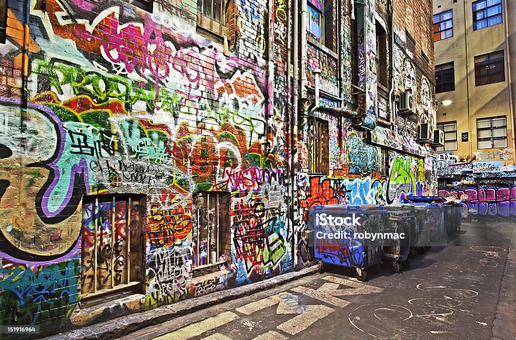 Graffiti Grunge alley covered in graffiti.  Hosier Lane, Melbourne, Australia.  HDR effects. Melbourne - Australia Stock Photo