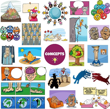 Illustration big set of humorous cartoon concepts or metaphors and ideas with comic characters