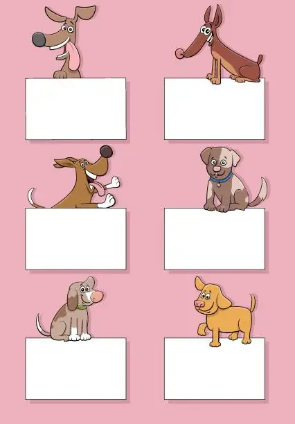 Vector illustration of cartoon dogs and puppies with cards design set