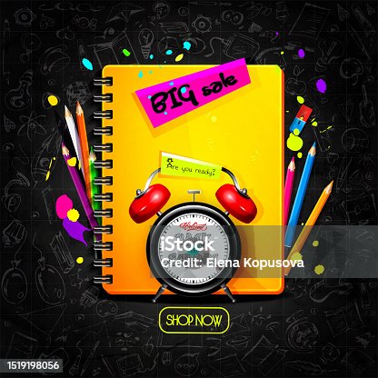 istock School education concept in cartoon style. Notebook with an alarm clock and greeting text with colored pencils on the background of a slate board with freehand drawings. 1519198056