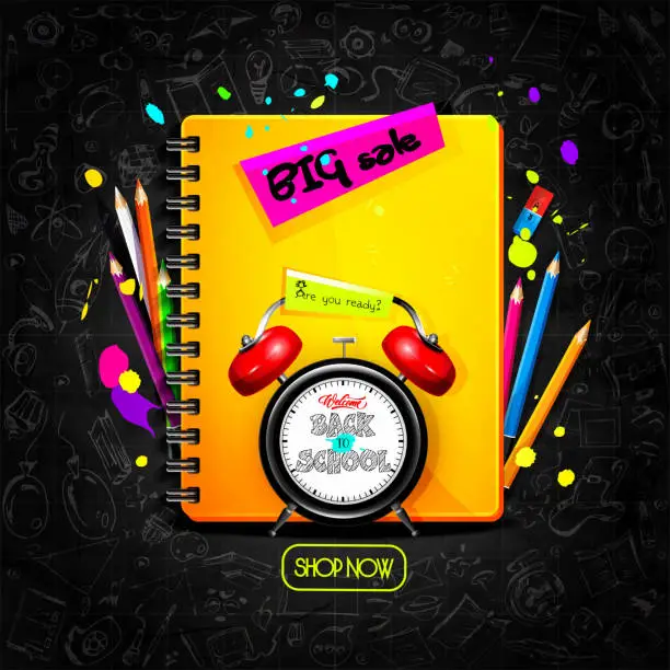 Vector illustration of School education concept in cartoon style. Notebook with an alarm clock and greeting text with colored pencils on the background of a slate board with freehand drawings.