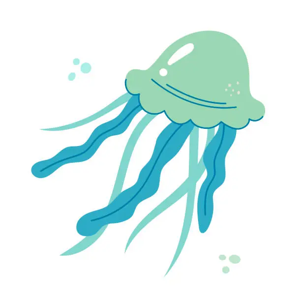 Vector illustration of Jellyfish cartoony flat decoration. Hand-drawn poisonous medusa, marine oceanic inhabitant, simple nautical character design.