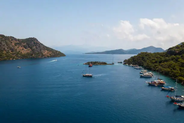 Photo of Gocek, Fethiye Muğla, Turkey A sailing yacht in Gocek, on Turkey's Aegean coast.