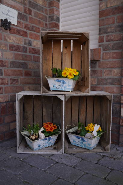 Decorative pots with spring flowers in wooden boxes. Original garden decor. Decorative pots with spring flowers in wooden boxes. Original garden decor unusual basket stock pictures, royalty-free photos & images