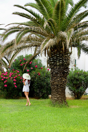 A young pretty girl of European appearance in a hat stands on a green lawn under palm trees. Tropical island. Concept of tourism and recreation.