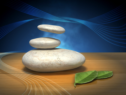 Some smooth stones and leaves on a wooden surface. Digital illustration, 3d render.
