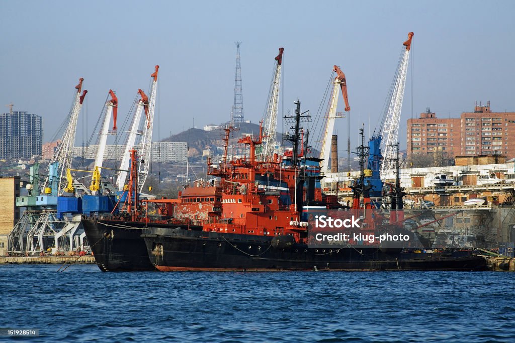 Rojo y negro, buques y al puerto en cranes en Vladivostok - Foto de stock de Agua libre de derechos