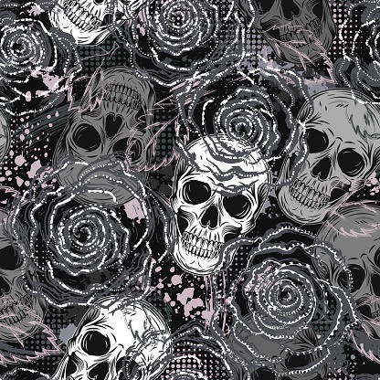 Gray camouflage seamless pattern with skulls, roses, splattered paint, halftone shapes. Dense chaotic composition For apparel, fabric, textile, sport goods Grunge texture