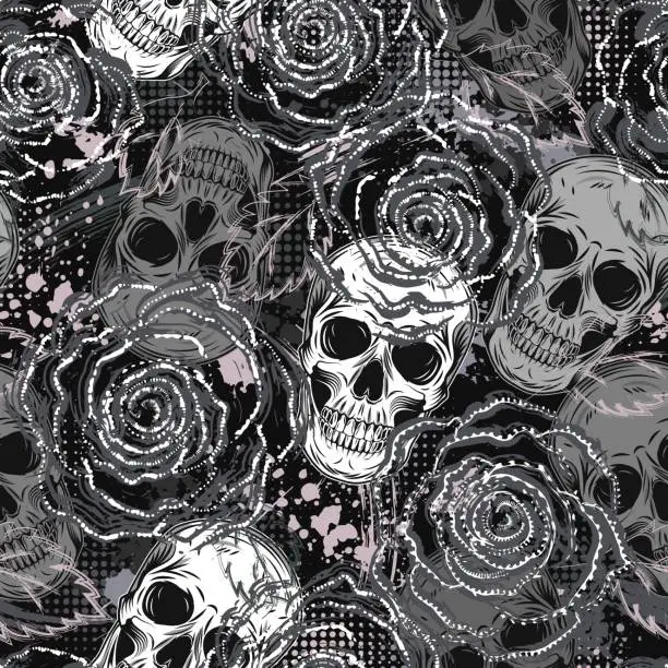 Vector illustration of Gray camouflage pattern with skulls, roses