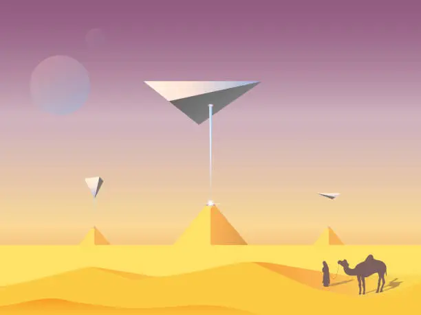 Vector illustration of Arrival of aliens and charging of pyramids