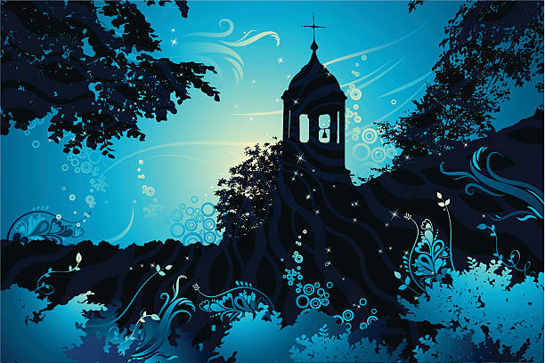 ilustraciones, imágenes clip art, dibujos animados e iconos de stock de paisaje con la iglesia, vector - silhouette cross shape ornate cross