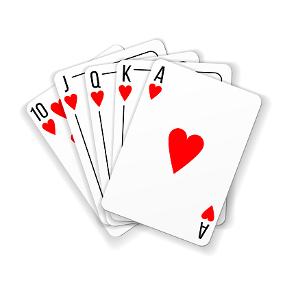 Hearts Playing cards with royal flush poker combination. Vector realistic illustration isolated on white background.