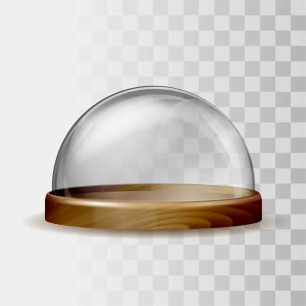 Vector illustration of Transparent glass dome and wooden tray in 3D realistic design.