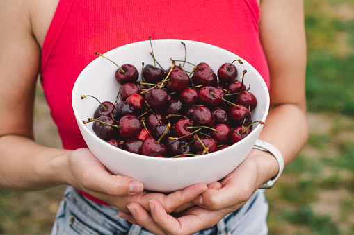 The girl is holding a large plate of ripe cherries. Summer food and summer time