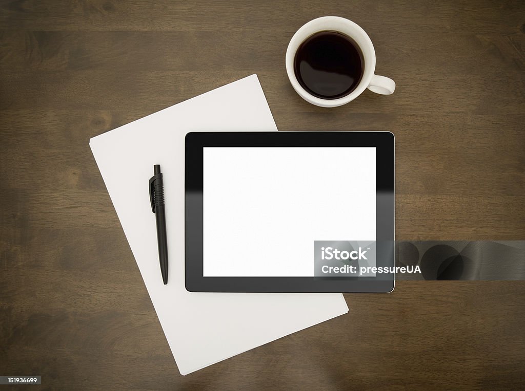 Local de trabalho com Tablet Digital em branco - Foto de stock de Café - Bebida royalty-free
