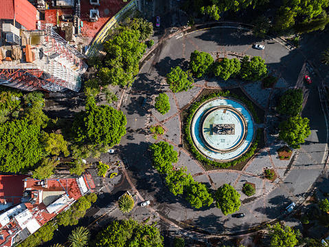 Cibeles Fountain at Roma Norte neighborhood, aerial view at summer time