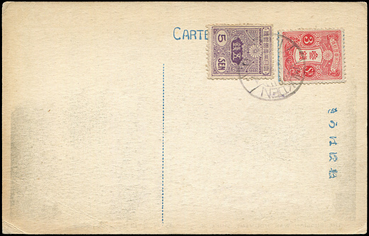 a vintage blank postcard sent from Japanese post office in Mukden(Now Shenyang, Liaoning) China in 1920s,  ready for any usage of  historic events background related to mail delievery description.