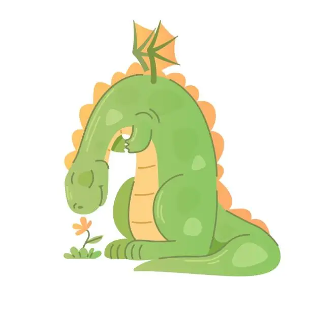 Vector illustration of Big green dragon bent down to sniff the flower.