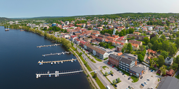 Aerial view of Ulricehamn located by the lake Åsunden in Västergötland, Sweden.