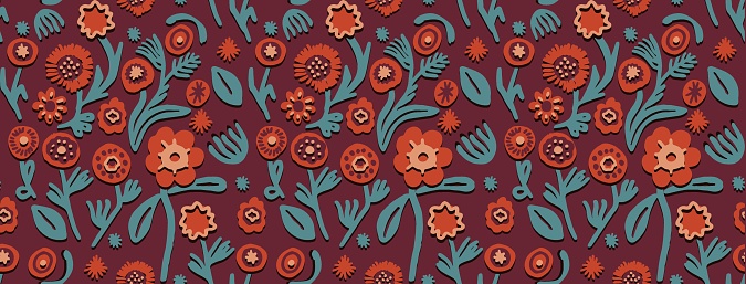 Viva Magenta flowers vector. Seamless pattern of flowers in paper cut style. Vintage.
