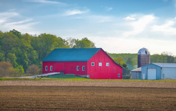 Red Barn with plowed field-Miami County, Indiana stock photo