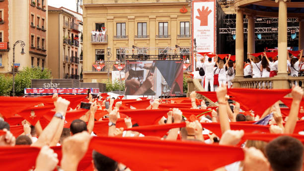 Live broadcast of the San Fermín chupinazo on a giant screen in Plaza de CastilloPamplona (Navarara) July 6, 2023 year