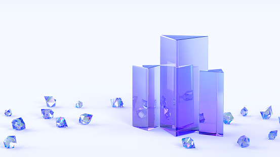 Glass triangle pillar podiums with scatter gem stones, purple crystals on light background 3d render banner. Hologram rainbow columns pedestals, exhibit displays, blank product stands. 3D illustration