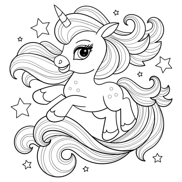 Vector illustration of Beautiful unicorn. Black and white linear drawing. Vector