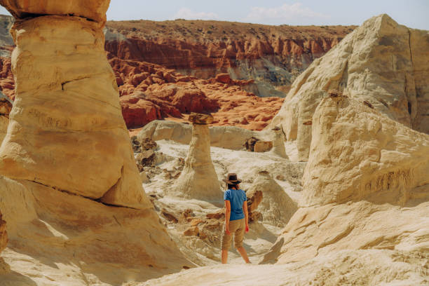 istock Grand Staircase-Escalante national monumen, Utah. Toadstools, an amazing balanced rock formations and silhouette of woman hiking in desert 1519483348