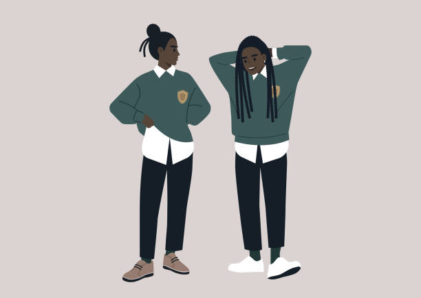 ilustrações de stock, clip art, desenhos animados e ícones de a shy student flirting with their crush during the break, both wearing university uniforms - gossip couple love concepts