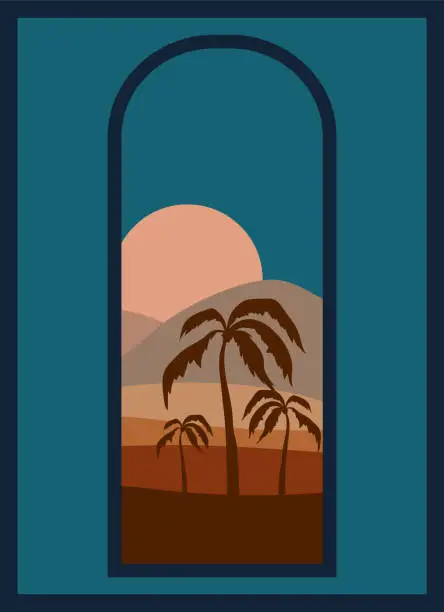 Vector illustration of Desert oasis midnight minimalistic printable illustration.