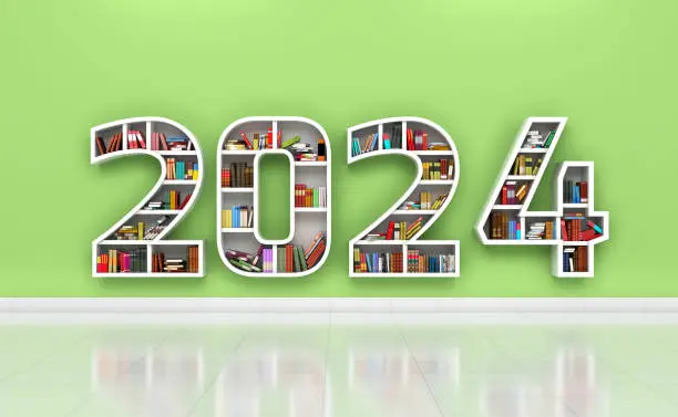 Photo of New Year 2024 Creative Design Concept with Book Shelf