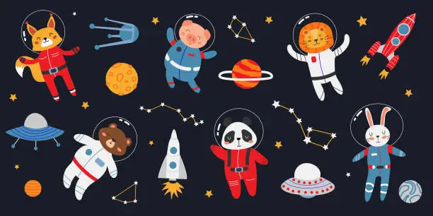 Vector illustration of Large vector set of space elements and animals. Cute animals in space suits. Panda, lion, rabbit, rockets, planets, constellations, space saucers. Children's space theme. Objects on dark isolated background.
