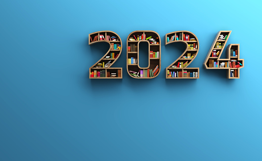 New Year 2024 Creative Design Concept with Book Shelf - 3D Rendered Image